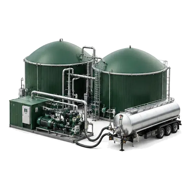 Two modular digesters beside gas equipment and delivery tanker