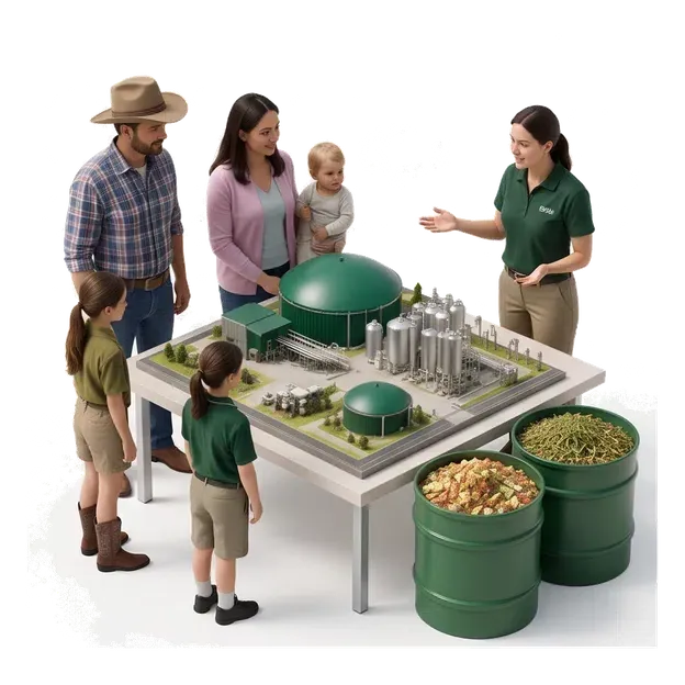 Community members discussing a bioenergy plant model at a table