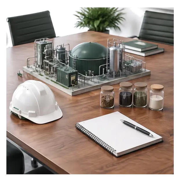 Bioenergy plant model, feedstock samples, safety helmet and notebook illustrating Shelby Bioenergy’s project assessment approach