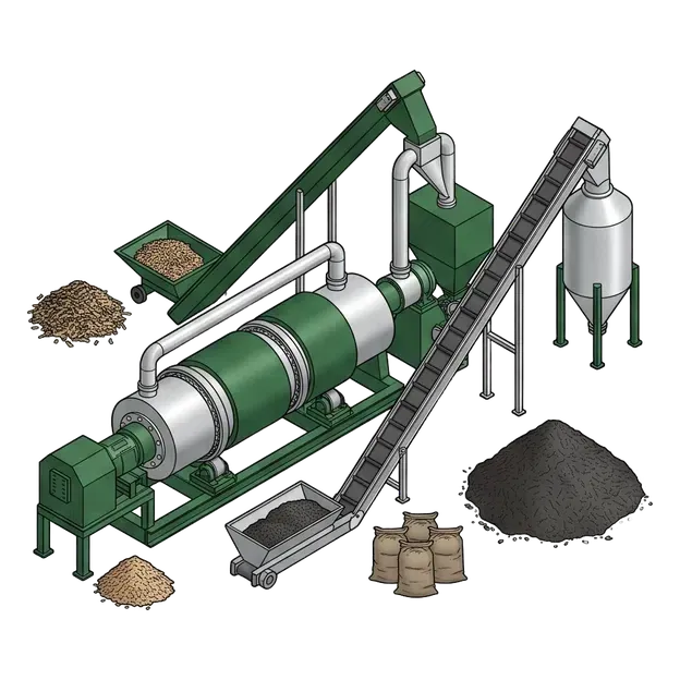 Woody feedstock conveyor, pyrolysis equipment and biochar containers