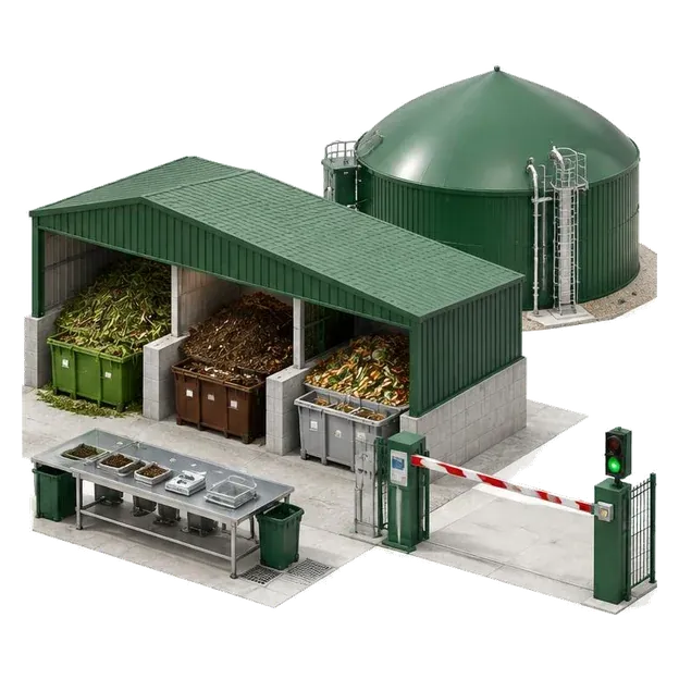 Controlled organic waste reception and material sampling beside a digester