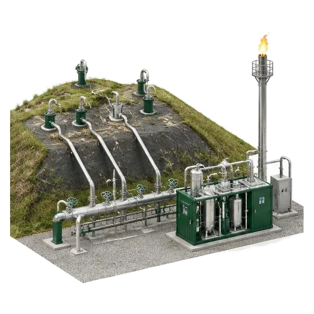 Landfill gas collection wells, manifold, treatment skid and flare