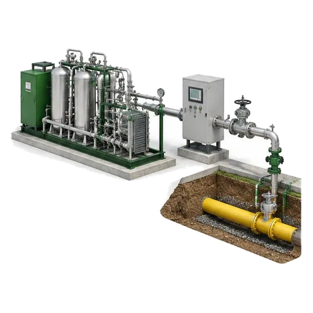Biomethane quality and metering skid connected to a cutaway gas pipeline