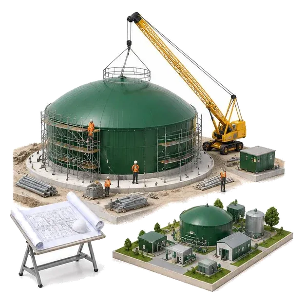 Digester construction, site plans and completed plant concept