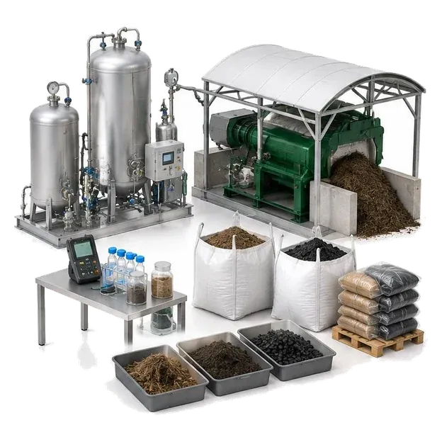 Separate CO₂ quality testing, digestate handling and biochar products