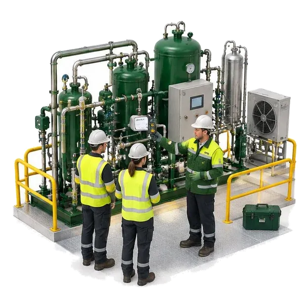 Trainer and technicians inspecting guarded renewable gas equipment