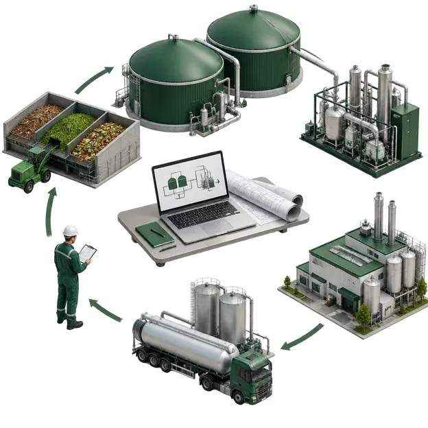 Decision-support laptop and engineering plans surrounded by feedstock bins, digesters, gas upgrading, industrial demand and delivery equipment for Australian bioenergy assessment