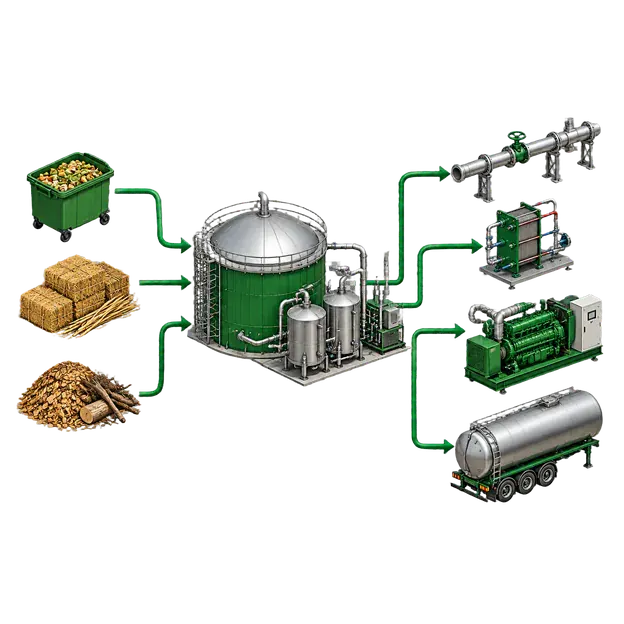 Modular bioenergy network linking organic inputs, a digester and gas conditioning to pipeline gas, heat, CHP and CO₂ transport pathways in Australia