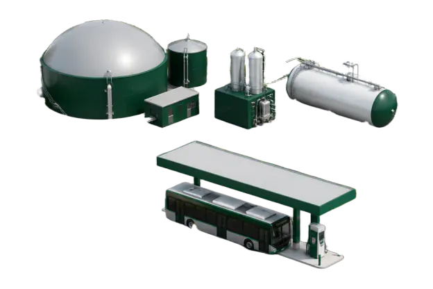 Conceptual Swedish biomethane system with digester, upgrading unit, bio-LNG tank and vehicle-gas bus refuelling for the Sweden roadmap