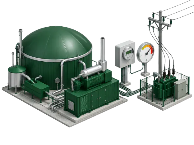 Biogas digester and engine connected through an electricity meter, tariff gauge and network transformer, illustrating Australian business electricity tariffs for bioenergy screening