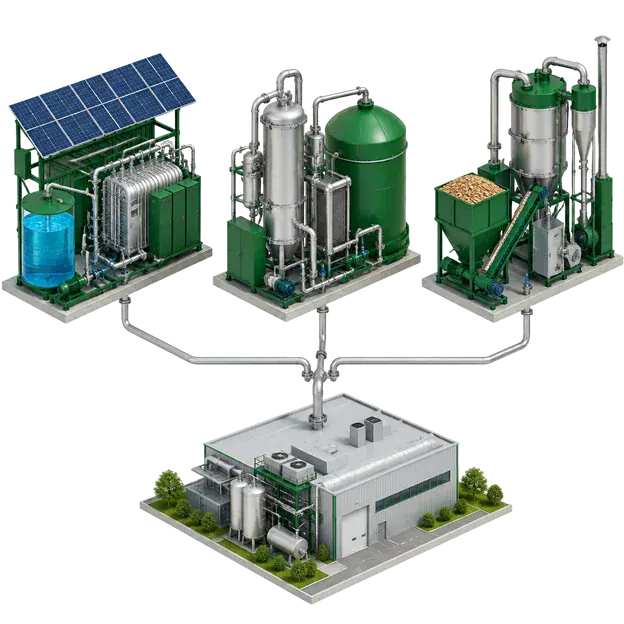 Three conceptual hydrogen production modules, electrolysis, biogenic gas conversion and biomass gasification, serving an industrial customer