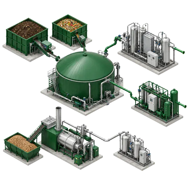 Biological resource bins, anaerobic digester and distinct gas upgrading and thermochemical processing modules
