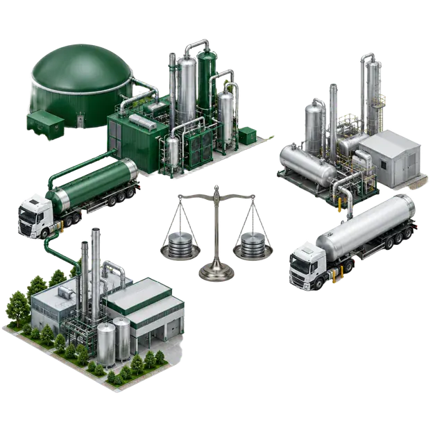 Biomethane plant and delivery truck compared with natural gas supply using a conceptual cost balance