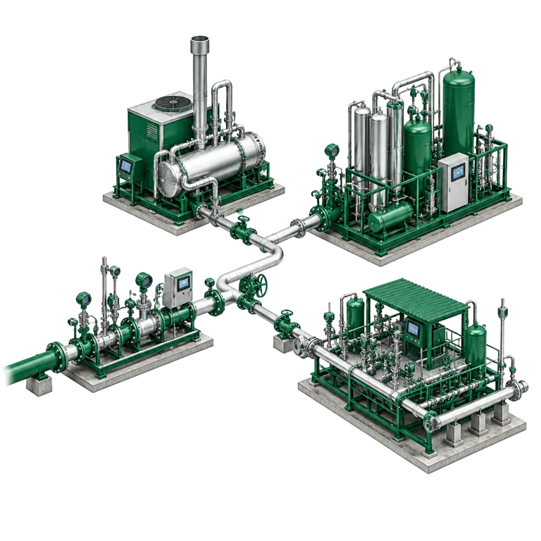 Conceptual gas pipeline and metering station connecting industrial heat equipment with a biomethane upgrading skid