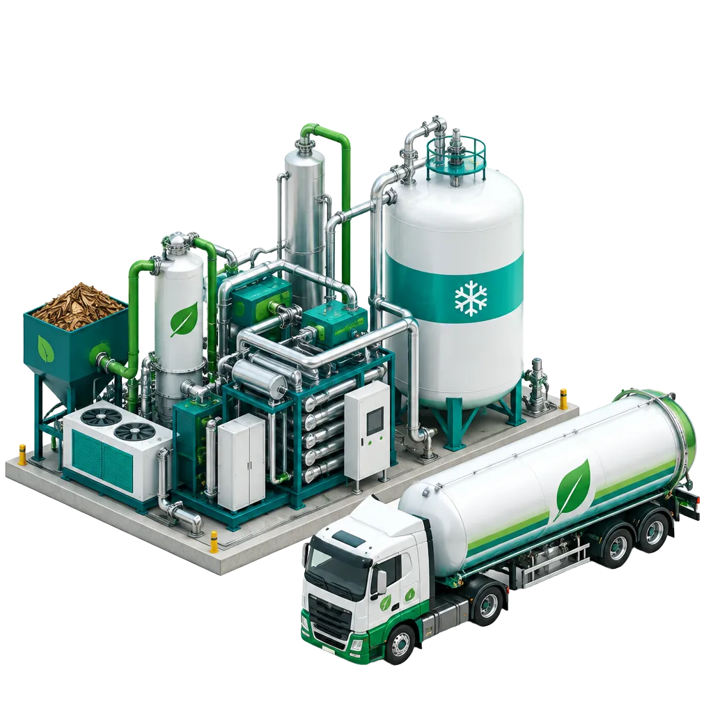 Biogenic CO₂ liquefaction skid, cryogenic storage tank and delivery tanker