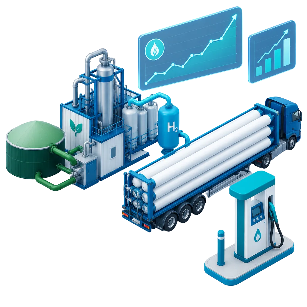 Biomethane reformer, hydrogen tube trailer and refuelling dispenser with price trend panels