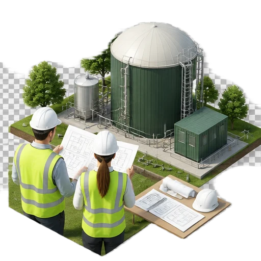 Engineers reviewing plans beside a small modular bioenergy plant