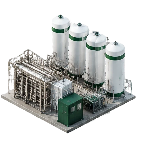 Conceptual isometric illustration of industrial energy & product supply, forest-green industrial equipment and silver processing machinery