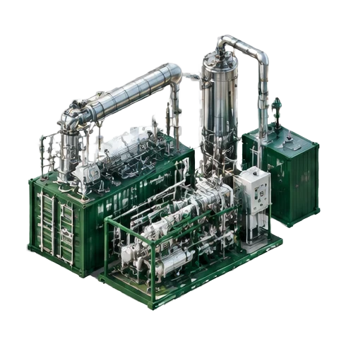 Conceptual isometric illustration of bioenergy developers & technology, forest-green industrial equipment and silver processing machinery