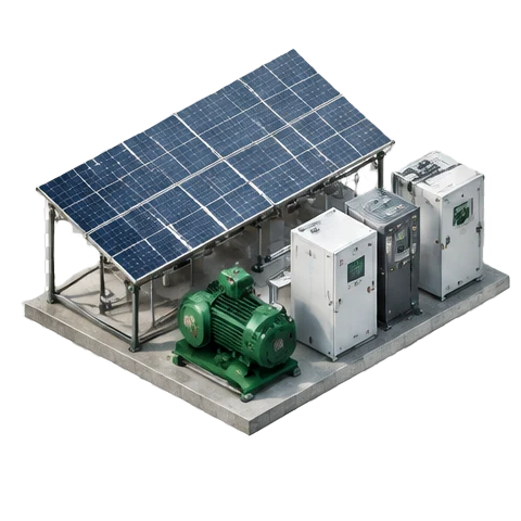 Conceptual isometric illustration of business electricity bill scenarios, forest-green industrial equipment and silver processing machinery