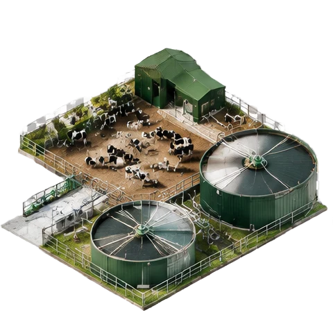 Conceptual isometric illustration of farm energy & waste opportunities, forest-green industrial equipment and silver processing machinery