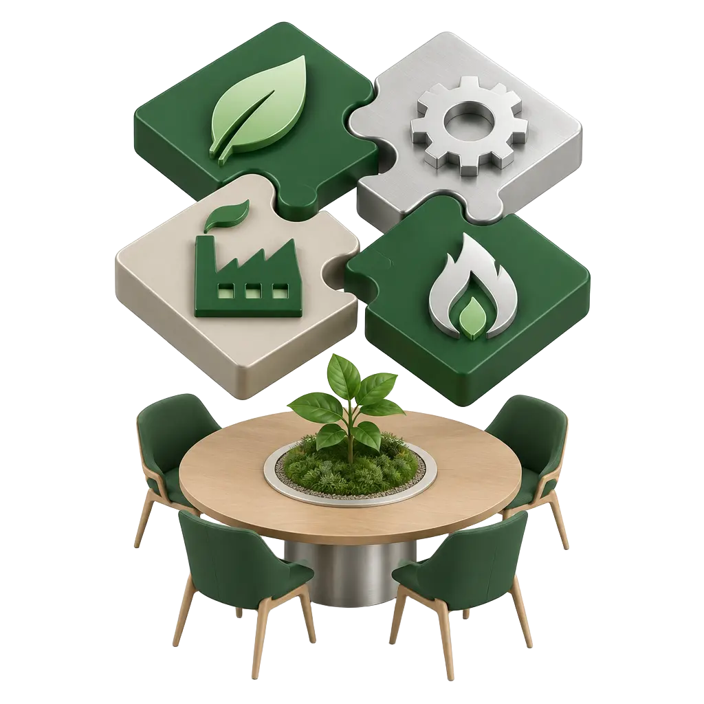 Interlocking puzzle pieces with leaf, gear, factory and flame symbols above a round table