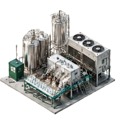 Conceptual isometric illustration of food & beverage energy opportunities, forest-green industrial equipment and silver processing machinery