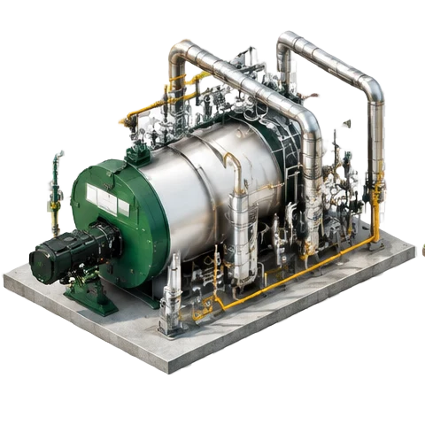 Conceptual isometric illustration of gas & process heat bill scenarios, forest-green industrial equipment and silver processing machinery