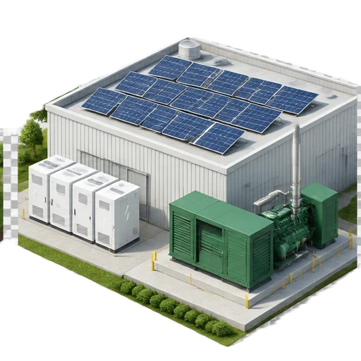 Factory rooftop solar, battery cabinets and biogas generator for on-site electricity comparison