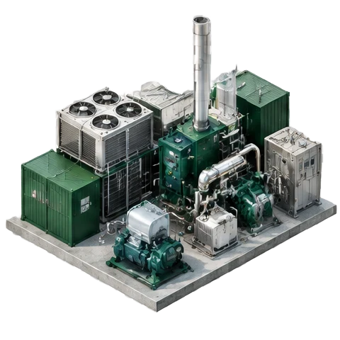 Conceptual isometric illustration of energy opportunities by goal, forest-green industrial equipment and silver processing machinery