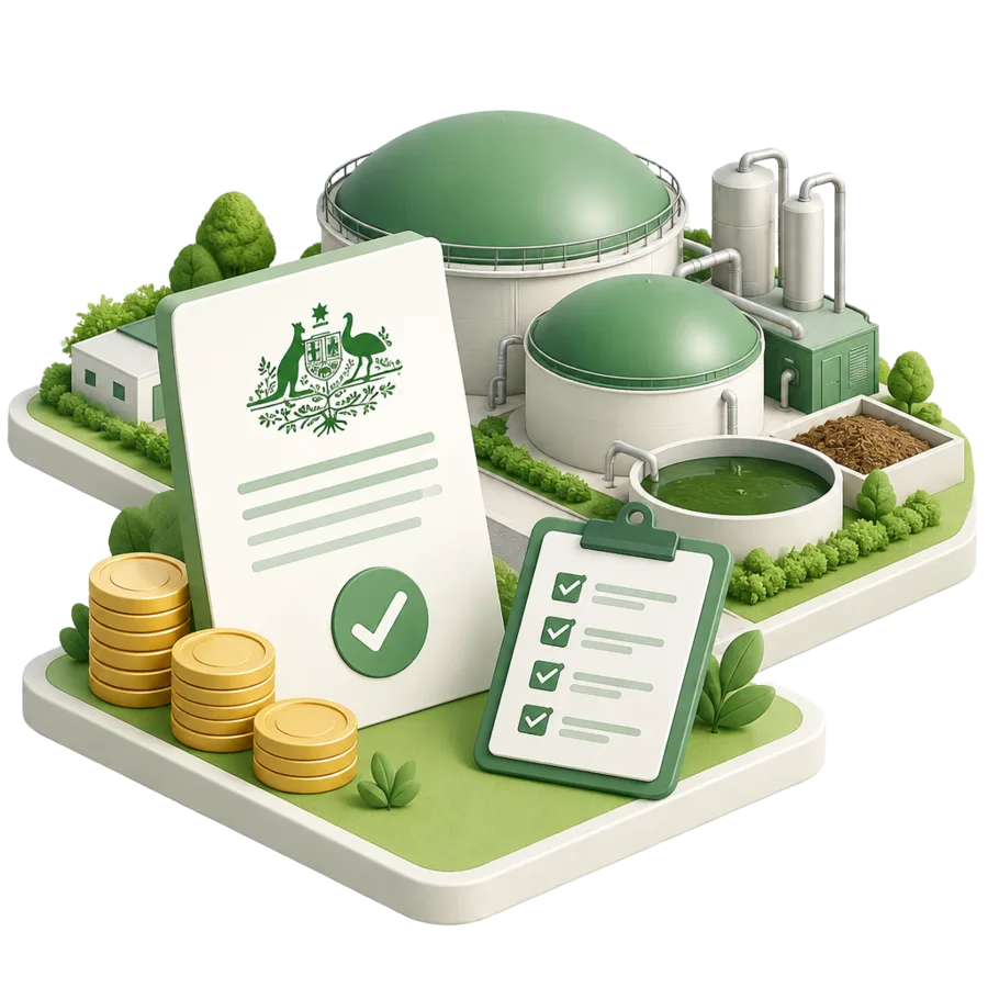 Anaerobic digestion plant beside an official approved document, a checklist clipboard and stacked coins