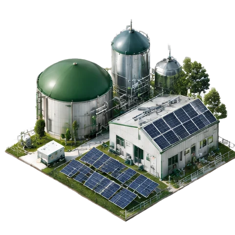Conceptual isometric illustration of energy & bioenergy opportunities, forest-green industrial equipment and silver processing machinery