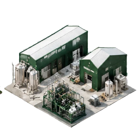 Conceptual isometric illustration of energy options by industry, forest-green industrial equipment and silver processing machinery