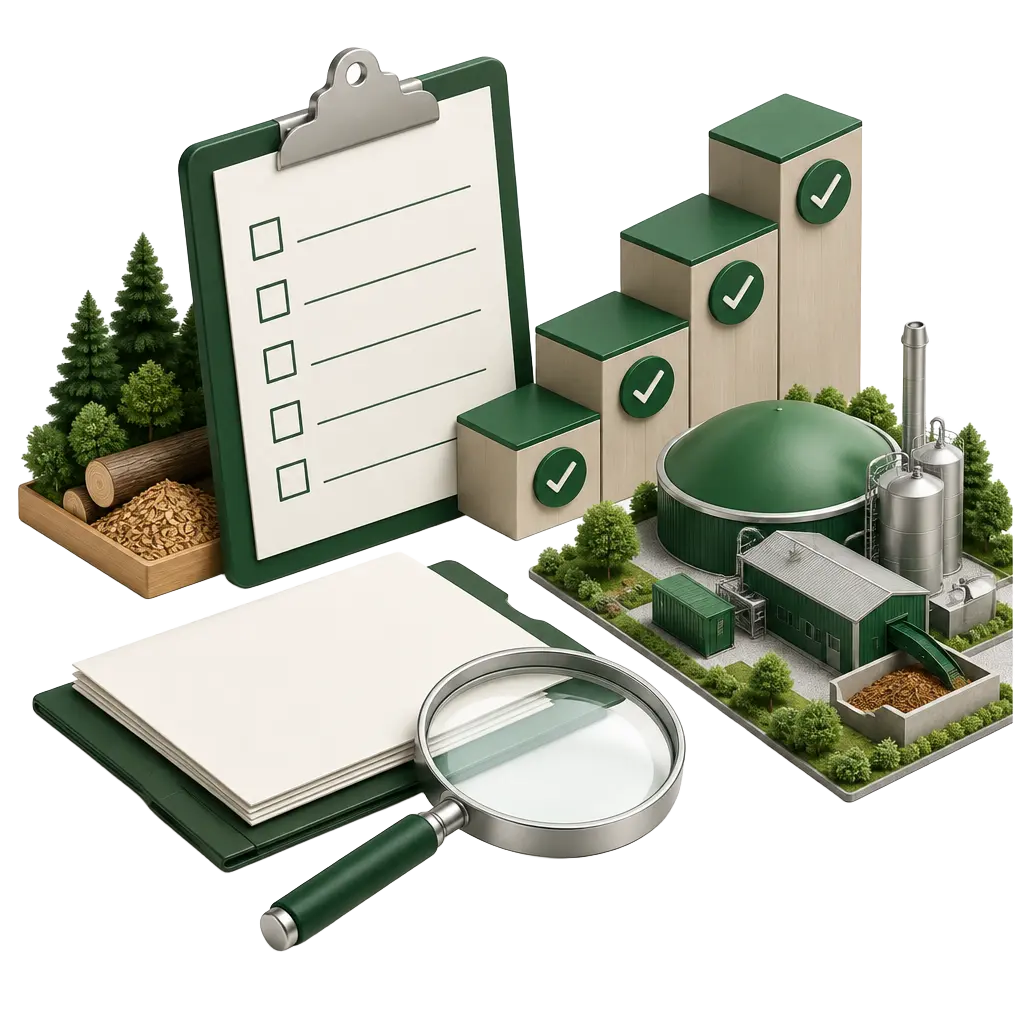 Project readiness checklist, milestone blocks and a small bioenergy plant model under a magnifying glass