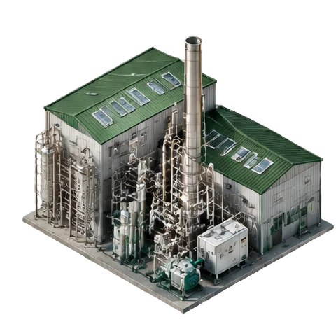 Conceptual isometric illustration of manufacturing energy & heat options, forest-green industrial equipment and silver processing machinery