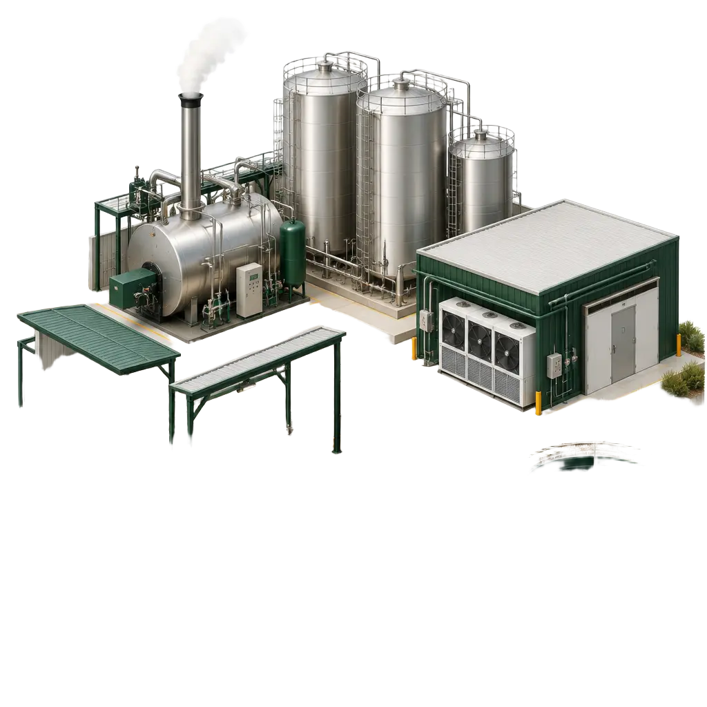 Meat and dairy processing plant with steam boiler, stainless silos, refrigeration and effluent treatment