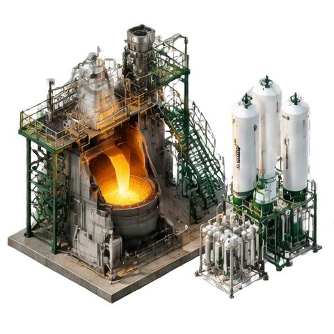 Conceptual isometric illustration of green iron & metals supply options, forest-green industrial equipment and silver processing machinery