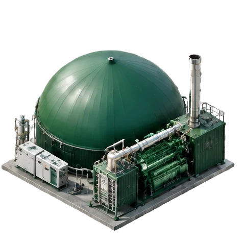 Conceptual isometric illustration of biogas plant upgrade opportunities, forest-green industrial equipment and silver processing machinery