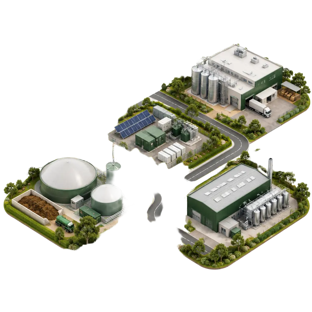 Regional farm, factory, digester and industrial sites connected by country roads around a shared energy precinct