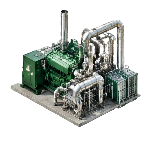 Conceptual isometric illustration of business energy savings checks, forest-green industrial equipment and silver processing machinery