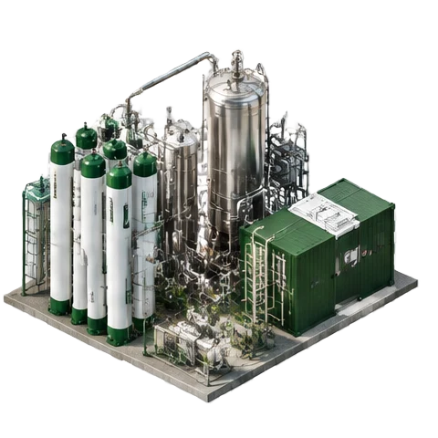 Conceptual isometric illustration of sell energy & co-products, forest-green industrial equipment and silver processing machinery