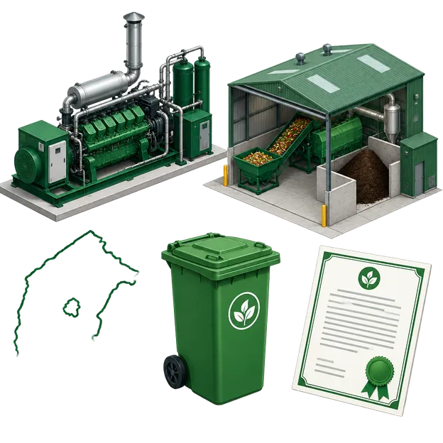 A landfill-gas engine, a food-organics processing shed, a green FOGO bin and an environmental authorisation certificate, representing ACT approvals