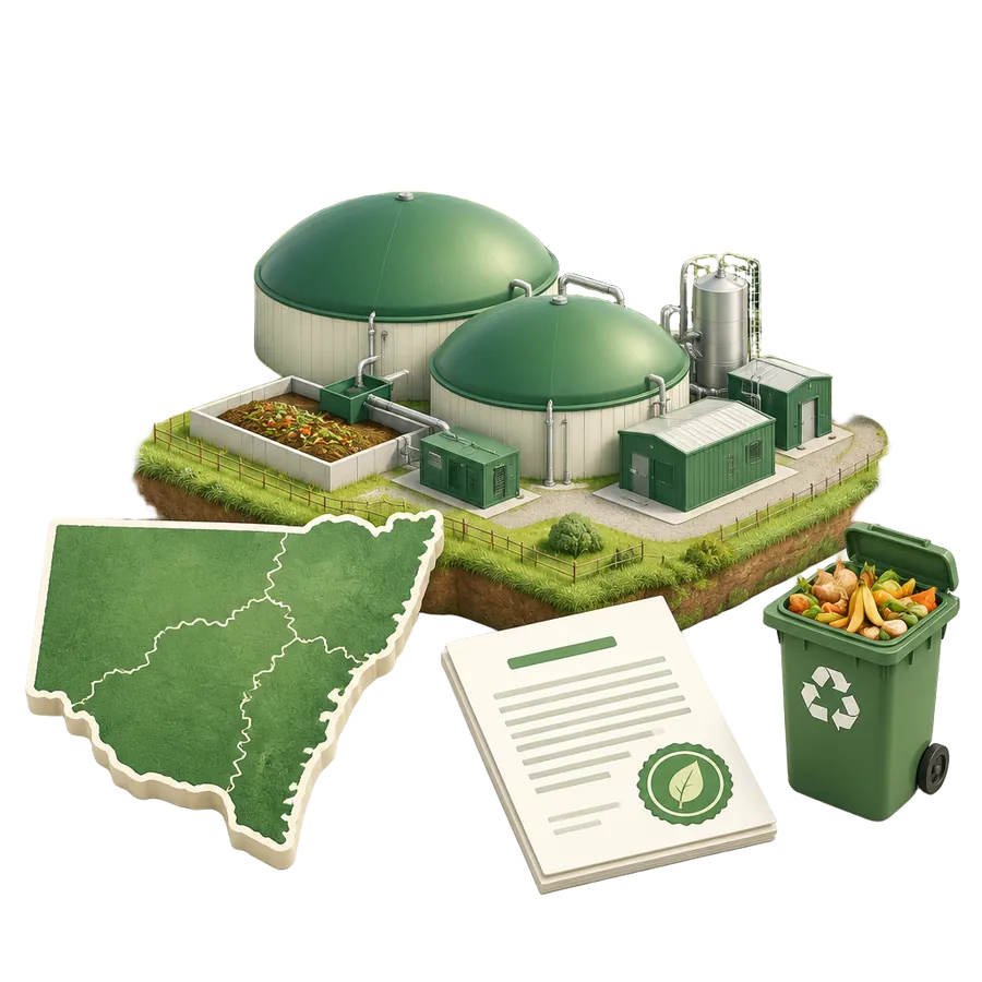 A biogas plant beside an outline map of New South Wales, an environmental licence with a leaf seal and a food-scrap bin
