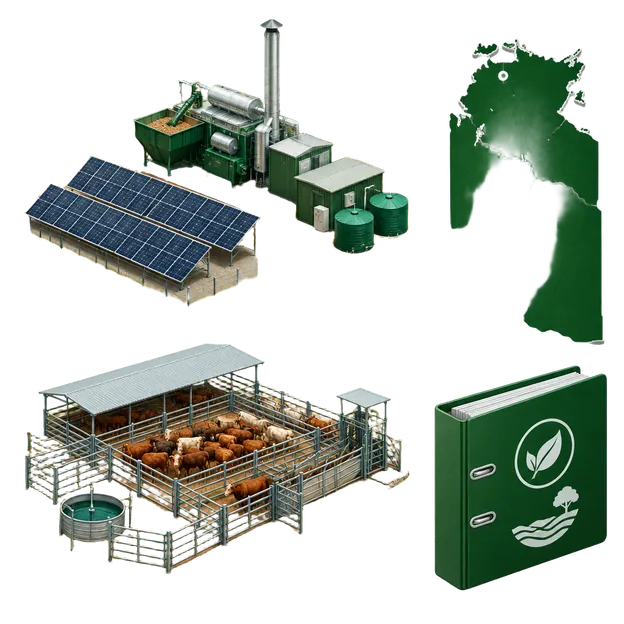 A remote station with a biomass generator, solar panels, a cattle yard and an environmental approval folder, representing Northern Territory approvals