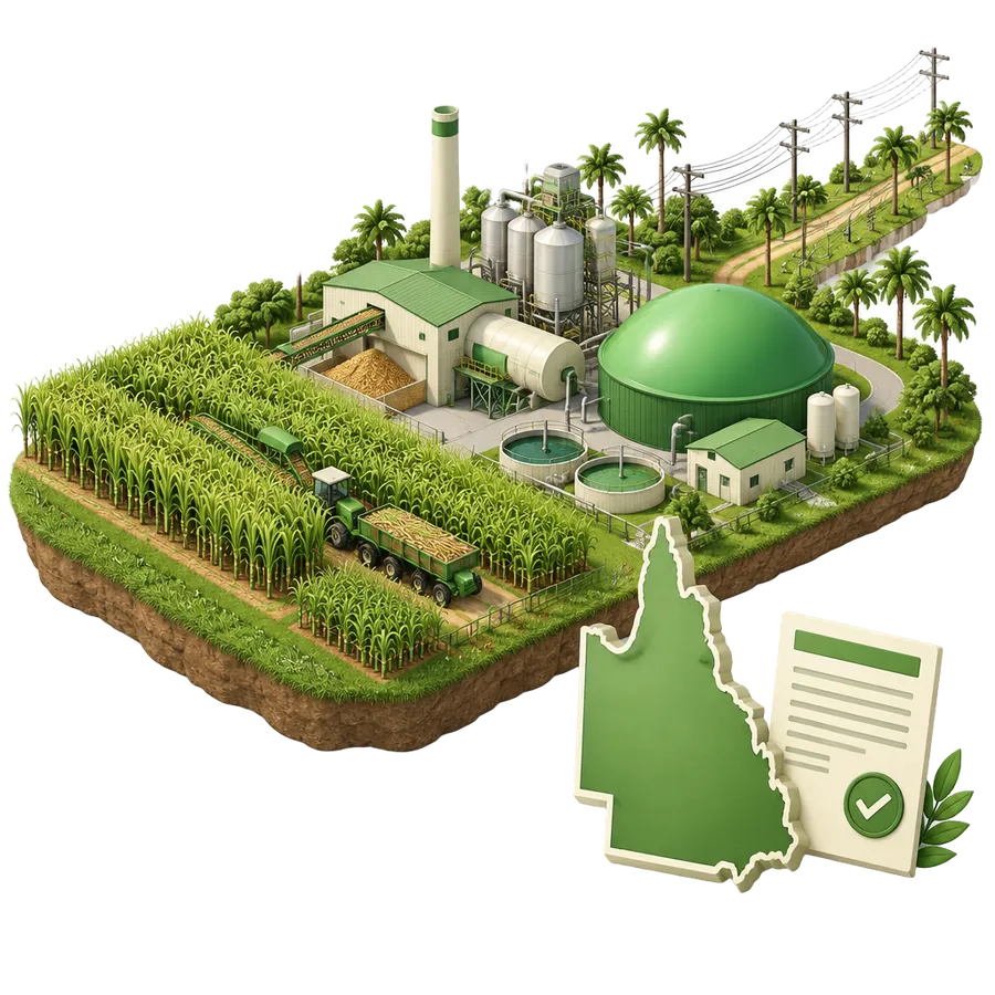 A sugar mill with a biomass boiler and biogas dome beside an outline of Queensland, an environmental authority with a tick and rural power lines