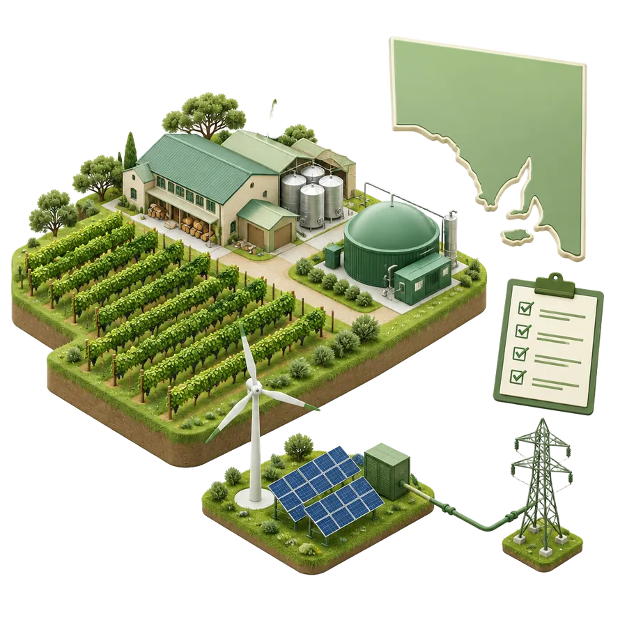 A winery with a small digester beside an outline of South Australia, a licence checklist, a wind turbine and solar panels connected to the grid