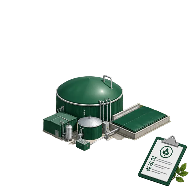 A dairy-farm anaerobic digester with a covered storage lagoon and an environmental permit checklist, representing Tasmanian approvals