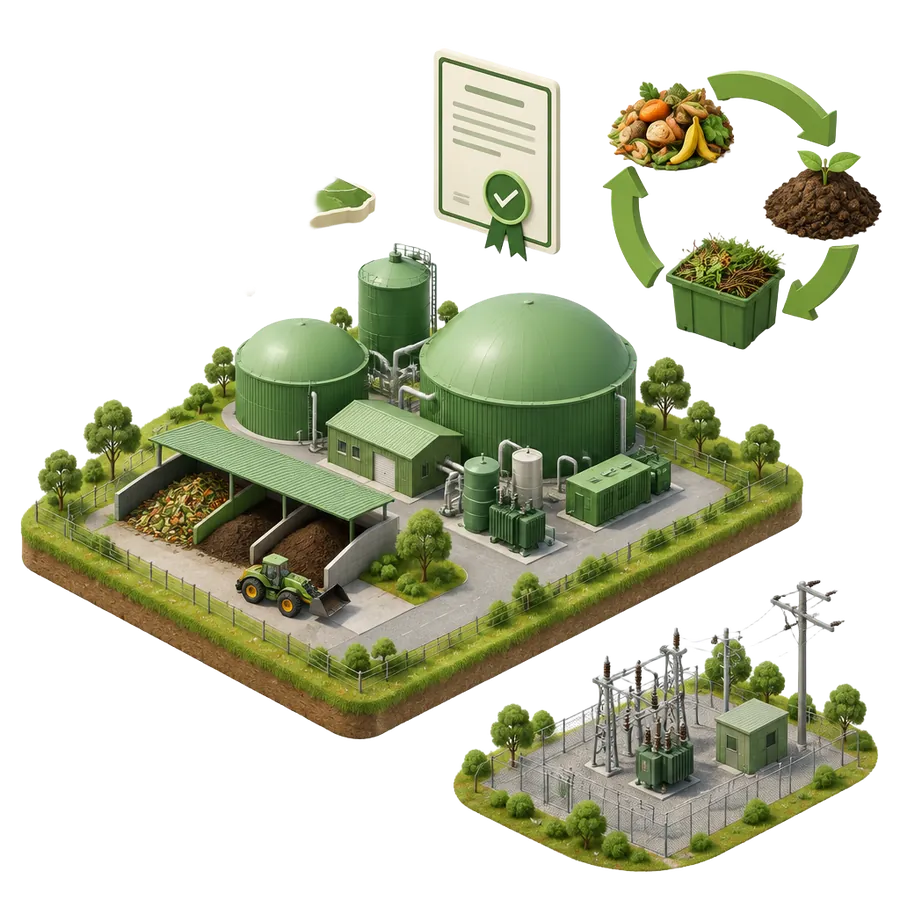 A biogas and composting facility beside an outline of Victoria, a permission certificate, an organics recycling loop and a rural substation