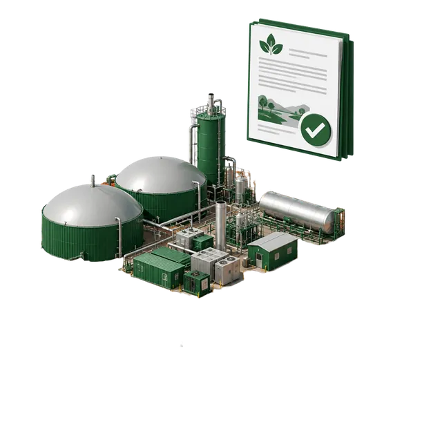 A biogas and biomass facility beside an approved environmental works document with a green tick, representing Western Australian approvals