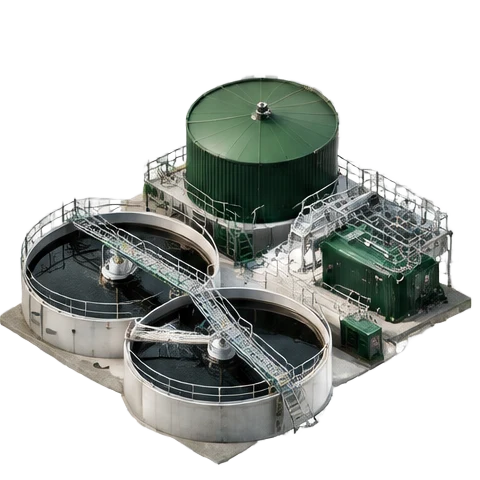 Conceptual isometric illustration of wastewater & organics recovery, forest-green industrial equipment and silver processing machinery